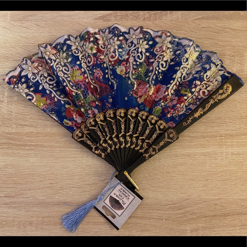 Blue and Gold Floral Foldable Hand Fan NEW